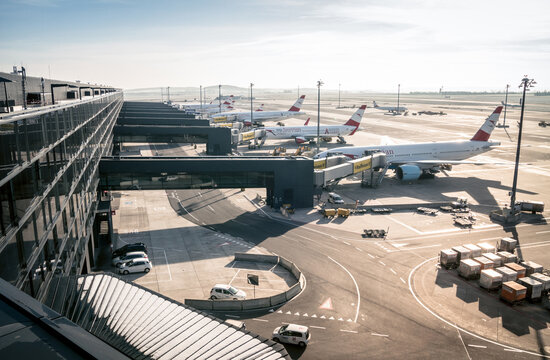 Austrian Airlines Planes At Vienna International Airport (Flughafen Wien-Schwechat). Overview Of The Airfield Seen From Visitors Terrace On November 28, 2020 In Schwechat, Austria.