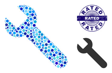 Circle collage wrench icon and RATED round grunge stamp. Blue stamp seal includes RATED caption inside circle and guilloche ornament. Vector collage is based on wrench icon,
