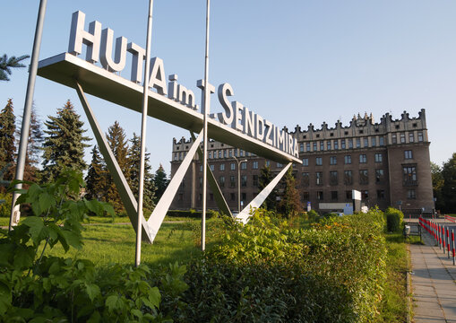 Sign located near main gate of Tadeusz Sendzimir Steelworks (Huta im. Tadeusza Sendzimira, Kombinat, Vladimir Lenin Plant) in Krak&oacute;w Nowa Huta district on September 22, 2020 in Krakow, Poland.
