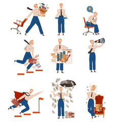 Business people activities set. Male entrepreneur solving problems, thinking about ideas, striving to success vector illustration