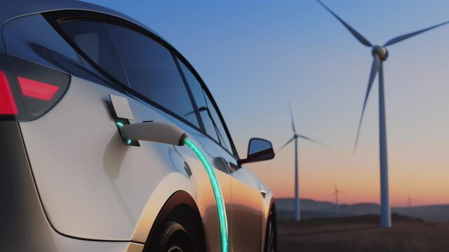 Electric car charging on the background of a windmills. Back view at sunset. Electric vehicle charging port plugging in car.Realistic 3d visualization.Alternative Energy.Renewable energy technologies.