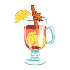 Bright mulled wine drink in a glass mug with orange slices and cinnamon, isolated on a white background.Vector mulled wine can be used in menus, banners, textiles, postcards.