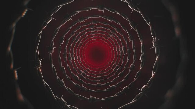 Seamless looping zoom on rotating barbed wire circles. Dark red animated background and subtle particles.