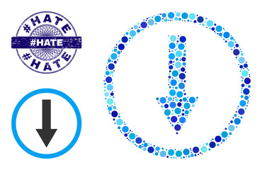 Circle collage down rounded arrow icon and #HATE round corroded stamp seal. Blue stamp seal includes #HATE title inside circle and guilloche style.