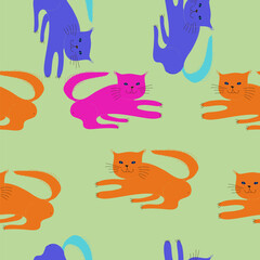 Seamless design colored  cats. Hand drawn.