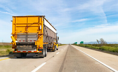 Fototapeta na wymiar Rear and side view of industrial truck on Arizona highway under blue sky.