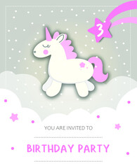 Postcard with a unicorn. Child's birthday invitation. Cute baby card, 3 years old