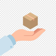 A cardboard box with a gift lies on his hand. Illustration for a delivery service.