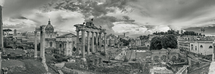 Roman Forum, one of the main attractions of Rome and Italy. Photo in BW