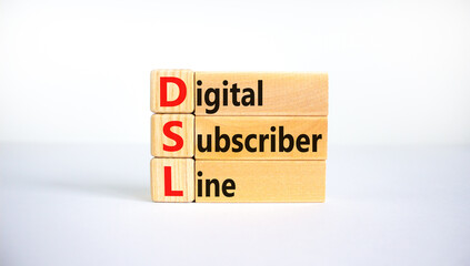 DSL digital subscriber line symbol. Concept words DSL digital subscriber line on blocks. Beautiful white background, copy space. Business and DSL digital subscriber line concept.