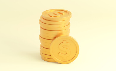 Stack of golden coins on a light background. 3d render illustration