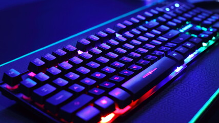 Illuminated led keyboard. Keyboard for the player. RGB colors. Podświetlana klawiatura led. Klawiatura dla gracza. Kolory RGB. - obrazy, fototapety, plakaty