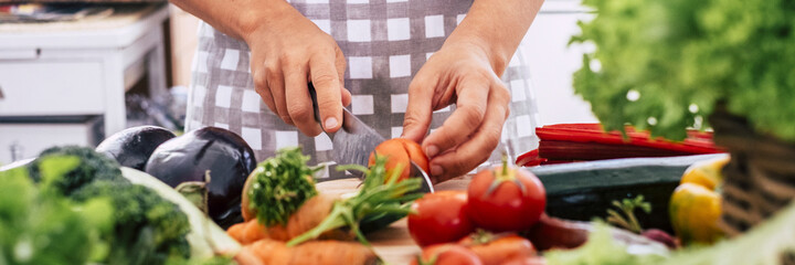 Banner header image with woman cutting vegetables on the table. Concept of food preparation at home or restaurant.