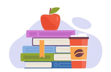 Stack of books with an apple on top and a cup of coffee standing next to it. Ìodern flat vector illustration