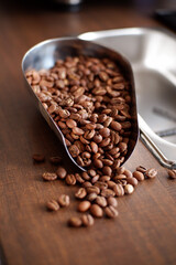 coffee beans in spoon on wooden table. Indonesian arabica coffee beans 