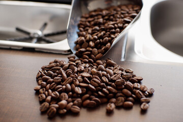 coffee beans in spoon on wooden table. Indonesian arabica coffee beans 