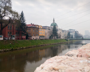 The building of the Academy of Fine Arts and the Festina Lenta Bridge over the Miljacka River in...