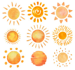 Set of hand drawn cartoon sun icons. Watercolor illustration. - 473588730
