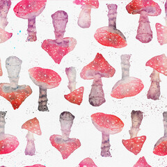 Materiał do szycia Fly agaric red mushroom watercolor seamless pattern