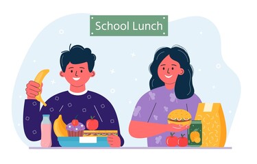 Boys and girls having breakfast or lunch meals. Kids, people eating, drinking diverse food, drinks. Children school lunch boxes with meal, hamburger, sandwich, juice, snacks, fruit, vegetables.Vector