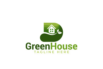 green house logo with a combination of a house, leaves, and letter D as the icon.
