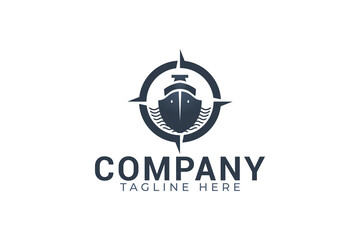 ship management logo with a combination of a ship, wave, and compass or target as the icon.