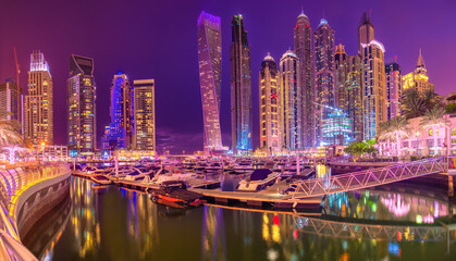 Evening view of sea bay with yachts Dubai Marina, UAE