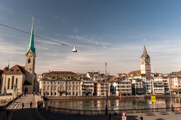Obraz premium Zurich, Switzerland on October 20, 2012. Fraumunster Tower and St. Peter's Church, whose clock is the largest in Europe.