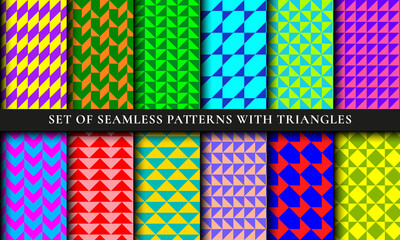 Abstract colorful triangles patterns backgrounds. Geometric seamless triangular textures set