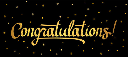 Handwritten lettering Congratulations. golden letters on black background with shiny snowflakes.