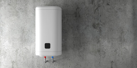 Modern Slim White Electric Water Heater on the Concrete Wall - 473590110