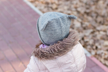 A small child in a winter hat and a jacket with a fluffy hood. Preschooler on a walk in the park