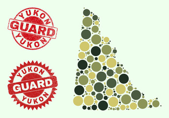 Vector round parts composition Yukon Province map in khaki colors, and textured stamp imitations for guard and military services. Round red stamp seals include phrase GUARD inside.