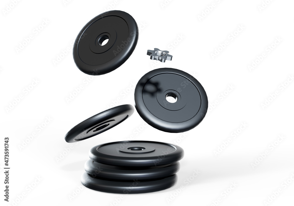 Fototapete 3d rendering of five black barbell weights of different mass hanging in one line on a white backgrou
