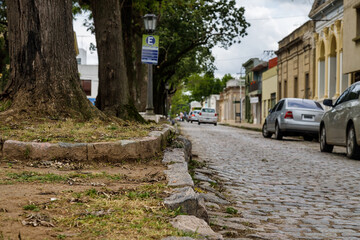 Macro of cobblestones of a boulevard in a cobbled street in Chascomus (Argentina)