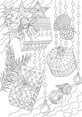 Coloring book for adults and children Christmas gifts, pine cones, Christmas toys