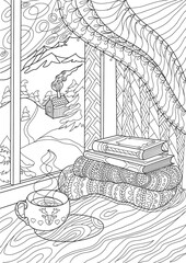 Coloring book for adults and children hygga. Cozy corner with a cup of hot tea, books by the window with a view of the snow-capped mountains