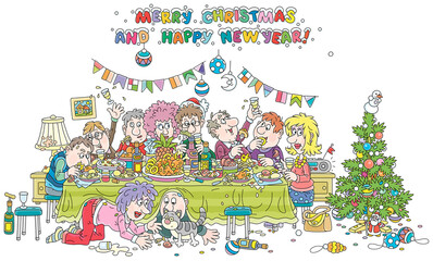 Joyous New Year celebration with a decorated Christmas tree, funny, noisy and slightly drunk guests at festive table of various drinks and tasty food, vector cartoon illustration isolated on white