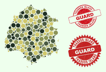 Vector spheric parts mosaic Thassos Island map in khaki hues, and grunge stamp seals for guard and military services. Round red seals contain word GUARD inside.