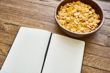 dry breakfast cereals notepad diet wooden background