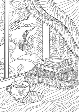 Coloring Book For Adults And Children Hygga. Cozy Corner With A Cup Of Hot Tea, Books By The Window With A View Of The Snow-capped Mountains