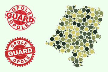 Vector round parts collage Opole Voivodeship map in khaki colors, and grunge stamp prints for guard and military services. Round red stamp seals have phrase GUARD inside.