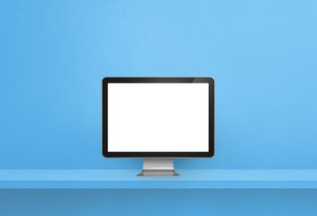 Computer pc on blue shelf banner