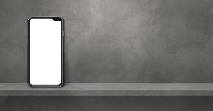 Mobile phone on grey wall shelf. Background banner