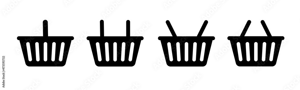 Poster set of black baskets with different position of handle baskets, vector illustration. icon.