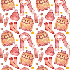 Seamless pattern with knitted hats, scarves, soks and sweaters. Watercolor illustration isolated on white background.