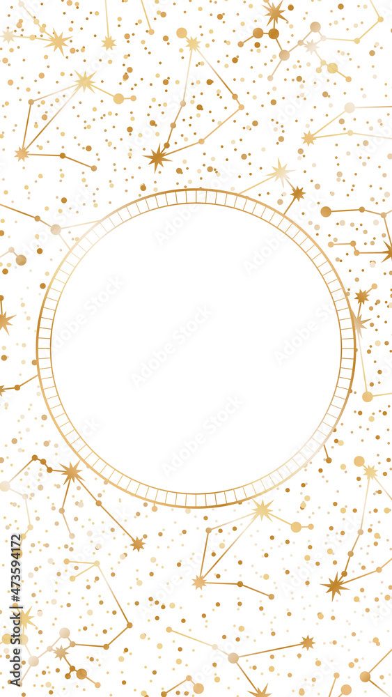 Wall mural vector zodiac constellations background with round copy space. golden astrological frame with horosc