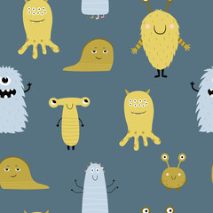 Cute funny monsters. Seamless pattern with cartoon characters on a blue background. Vector illustration for printing on fabric, wallpaper, wrapping paper, clothes