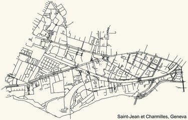 Detailed navigation urban street roads map on vintage beige background of the quarter Saint-Jean et Charmilles District of the Swiss regional capital city of Geneva, Switzerland
