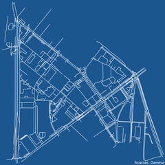 Detailed technical drawing navigation urban street roads map on blue background of the quarter Acacias District of the Swiss regional capital city of Geneva, Switzerland